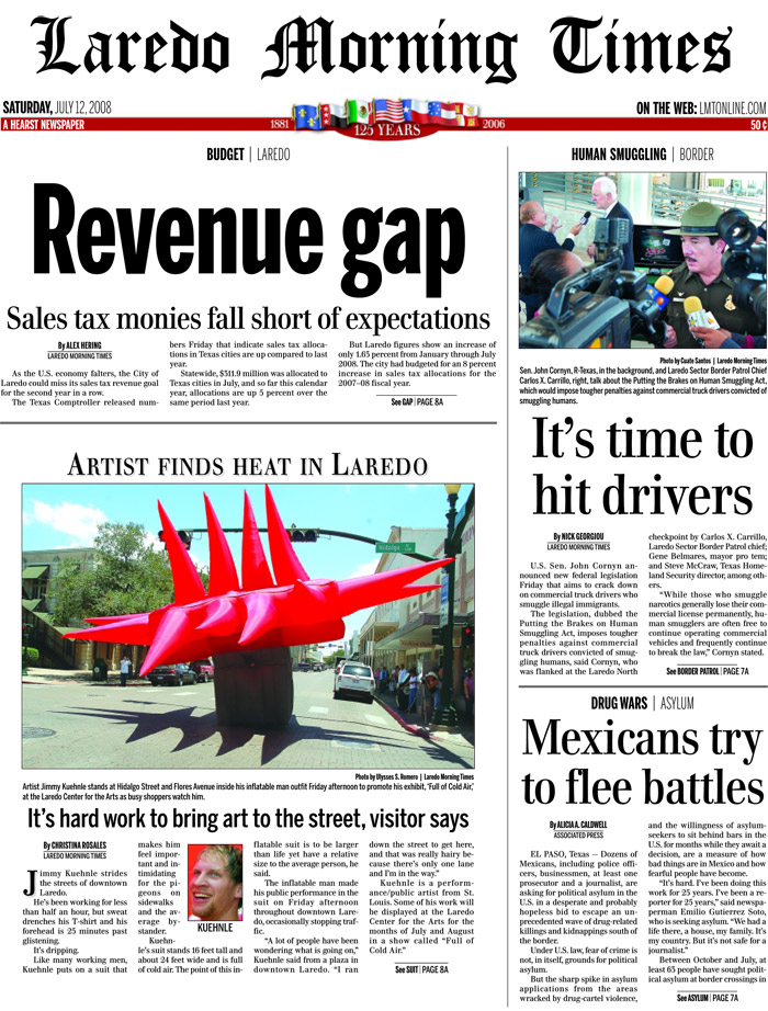 Front page story in the laredo Morning Times about Jimmy Kuehnle's performance art
